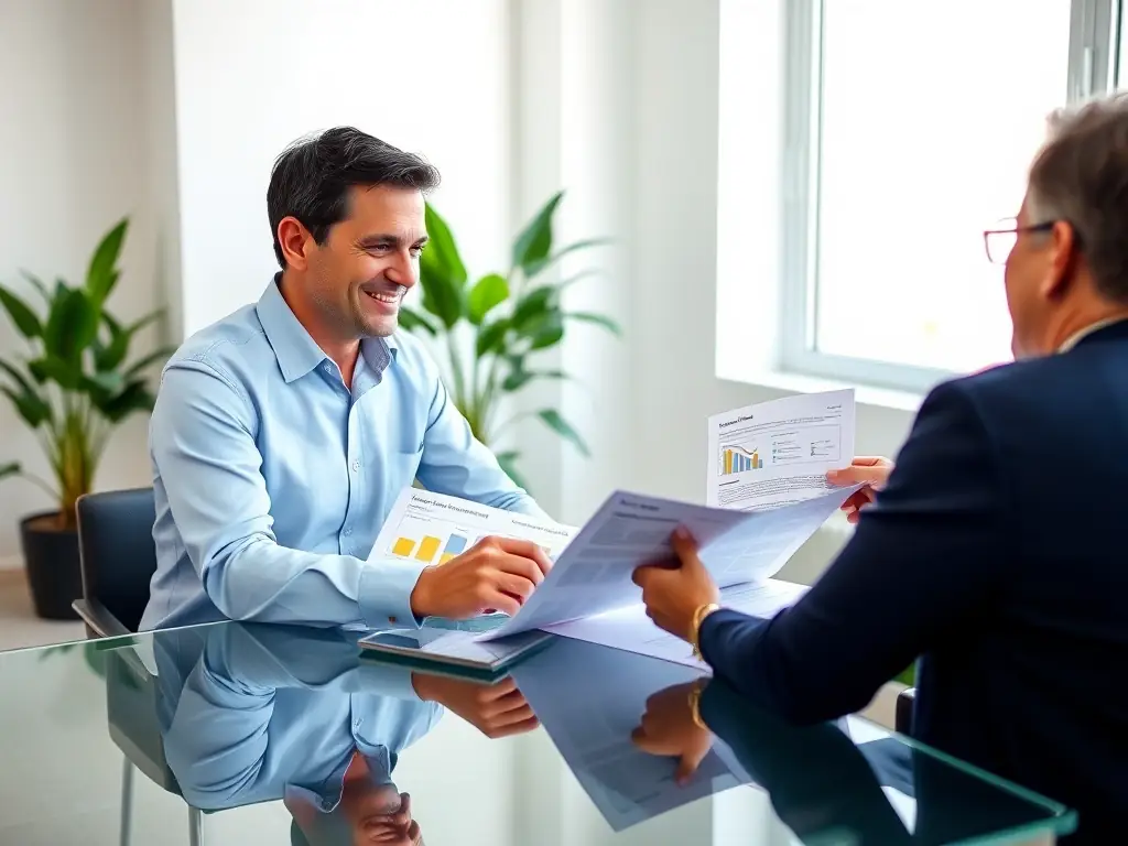 A professional business coach in a modern office setting, reviewing strategic plans with a client, both smiling and engaged in a positive discussion.