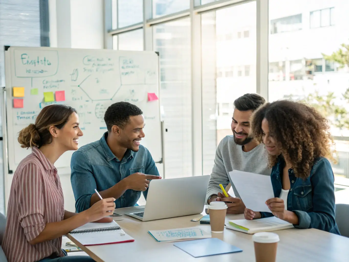 A team of diverse professionals collaborating in a brainstorming session, generating innovative ideas and strategies for business growth.
