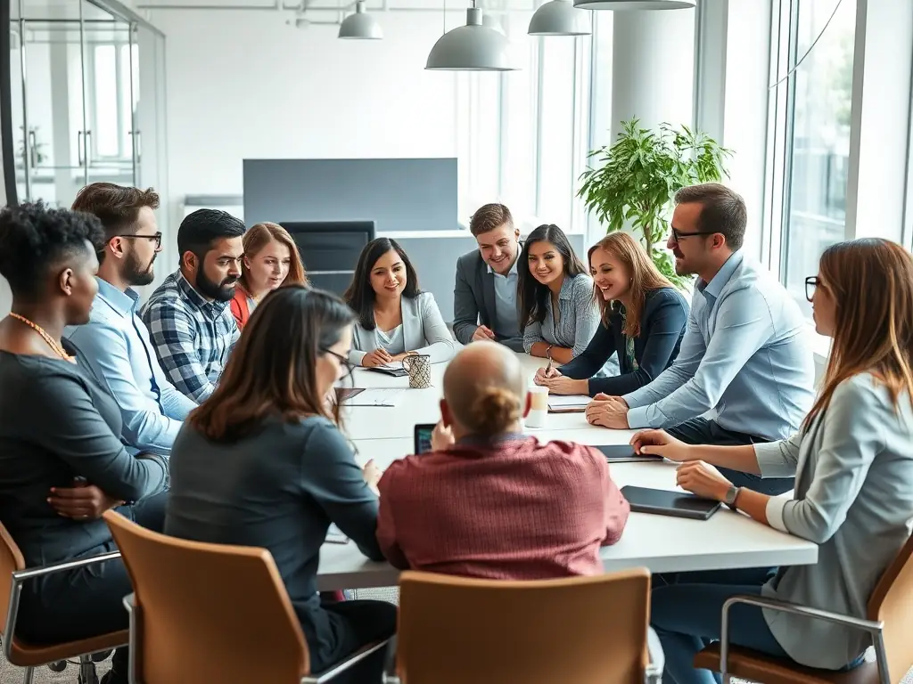 A photograph of a business coach facilitating a workshop with a diverse group of professionals, emphasizing collaboration and innovative problem-solving.