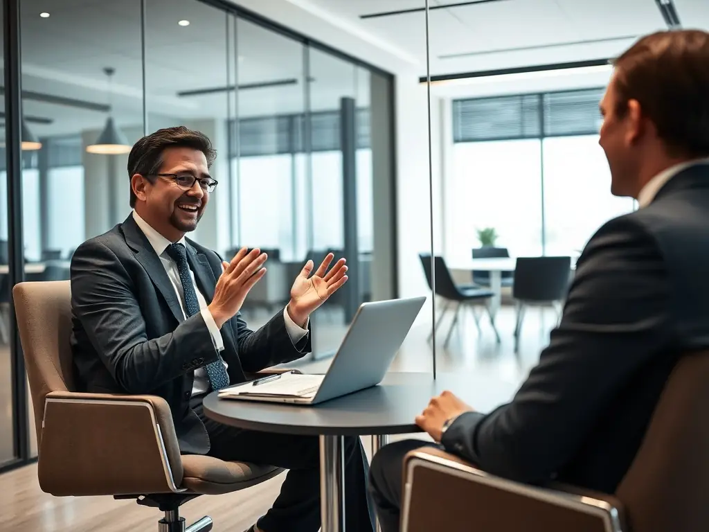 An image of a confident business coach engaging with a client in a modern office setting, with charts and laptops indicating strategic planning.