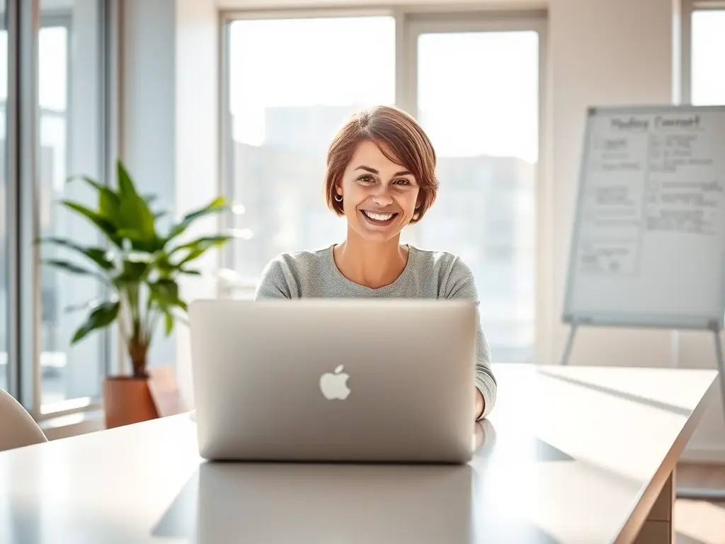 An entrepreneur working on a laptop in a co-working space, looking determined and focused on achieving their business goals.